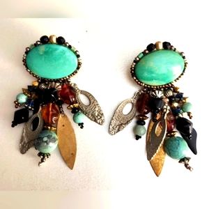 Chipita by Joan Eagle, Pirced Earrings, Turquoise, Amber and Mixed Metals